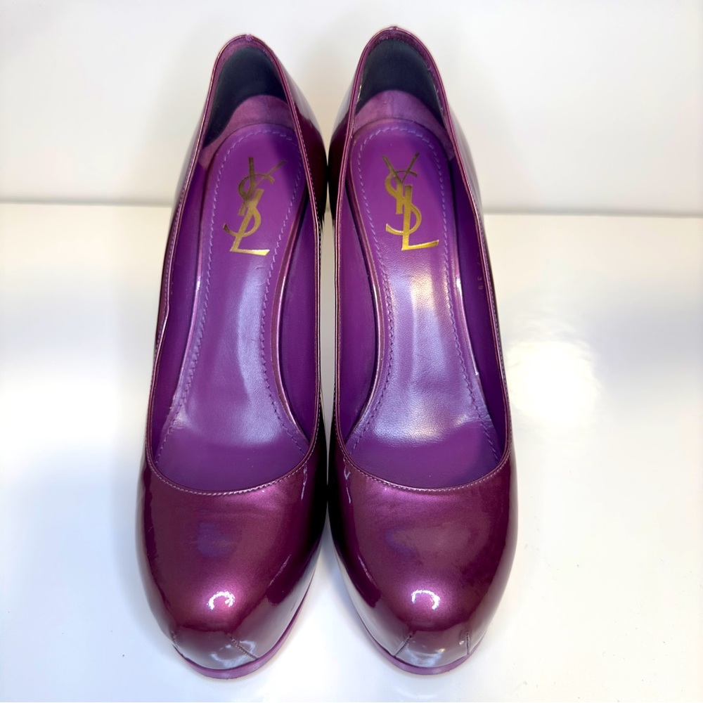 Like new! Made in Italy YSL Purple Tribtoo Patent Leather Platform Heel Pumps 9 - Picture 4 of 14